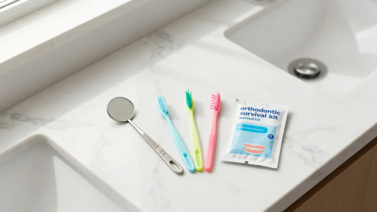 Sada pro péči o rovnátka včetně mezizubních kartáčků a vosku.