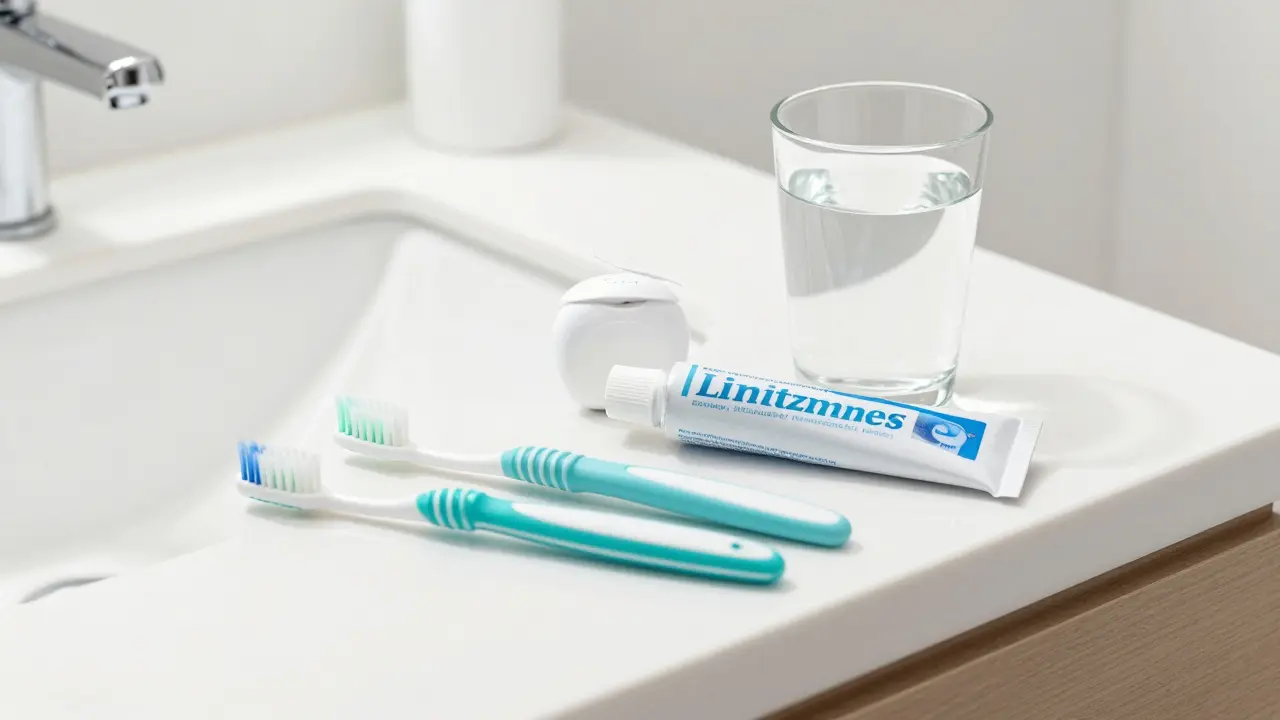 Sada pro prevenci zubního kazu: kartáček, mezizubní kartáčky, nit a fluoridová pasta.