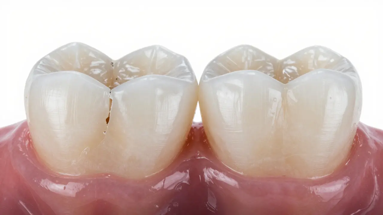 Srovnání poškozeného zubu a perfektně obnoveného zubu s zirkonovou korunkou.