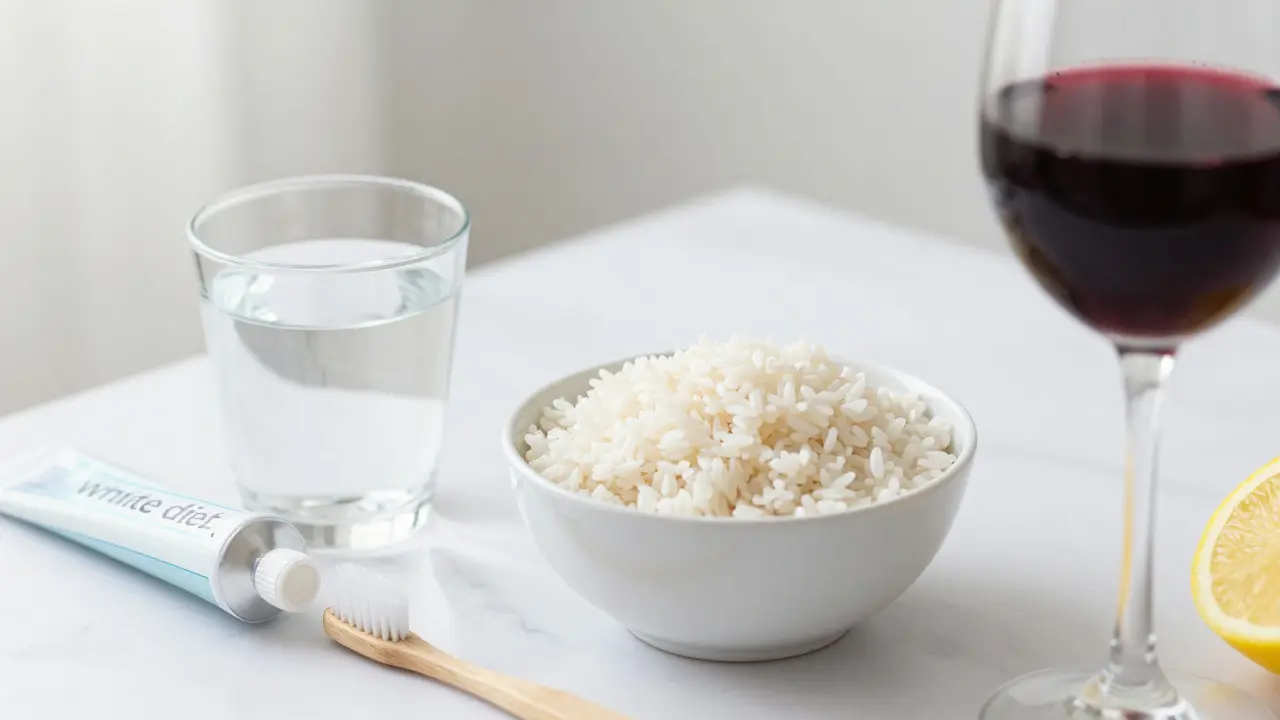 Stůl s produkty pro citlivé zuby a potravinami bílé diety.