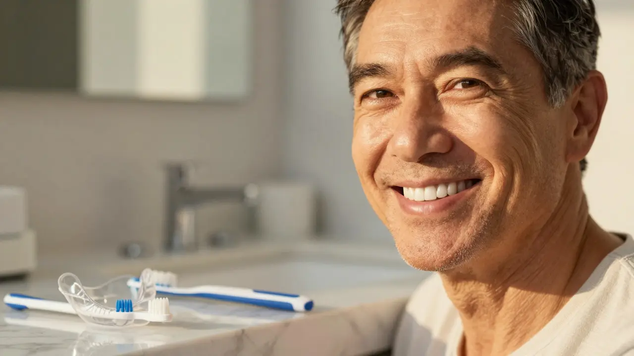 Úsměv člověka s fasetami a hygienickou sadou pro jejich údržbu.