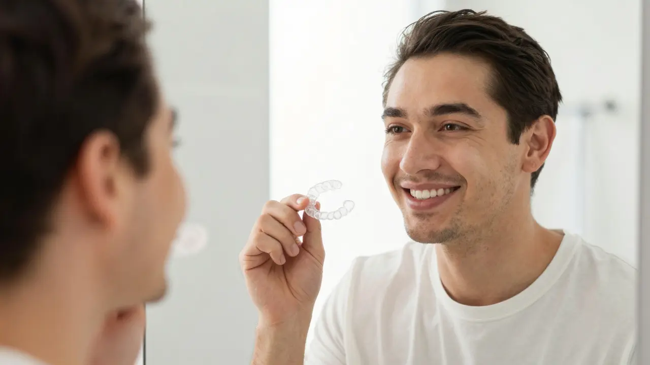 Usmívající se člověk s neviditelnou rovnátkou v ruce před zrcadlem v koupelně.