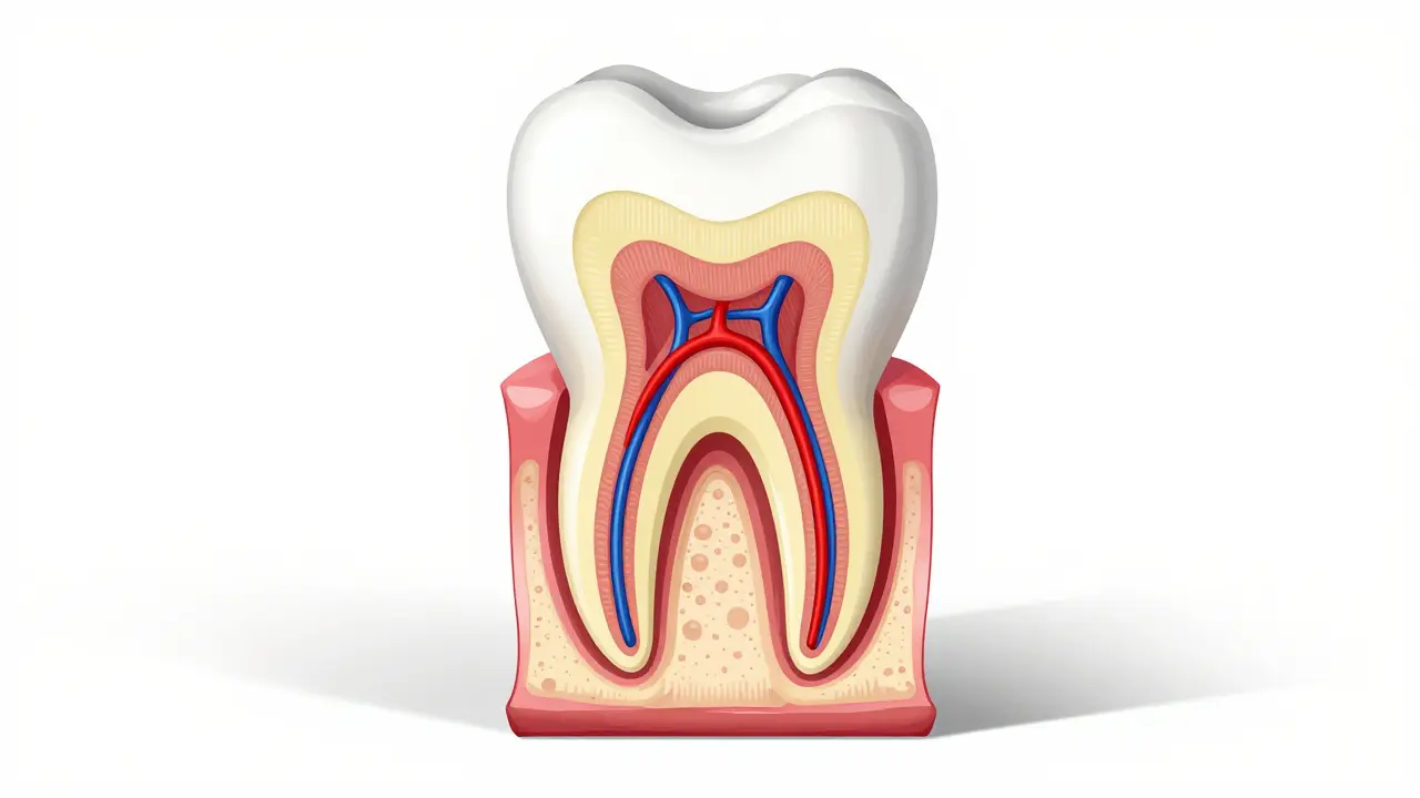 Anatomický průřez zubem ukazující sklovinu, dentin a pulpu