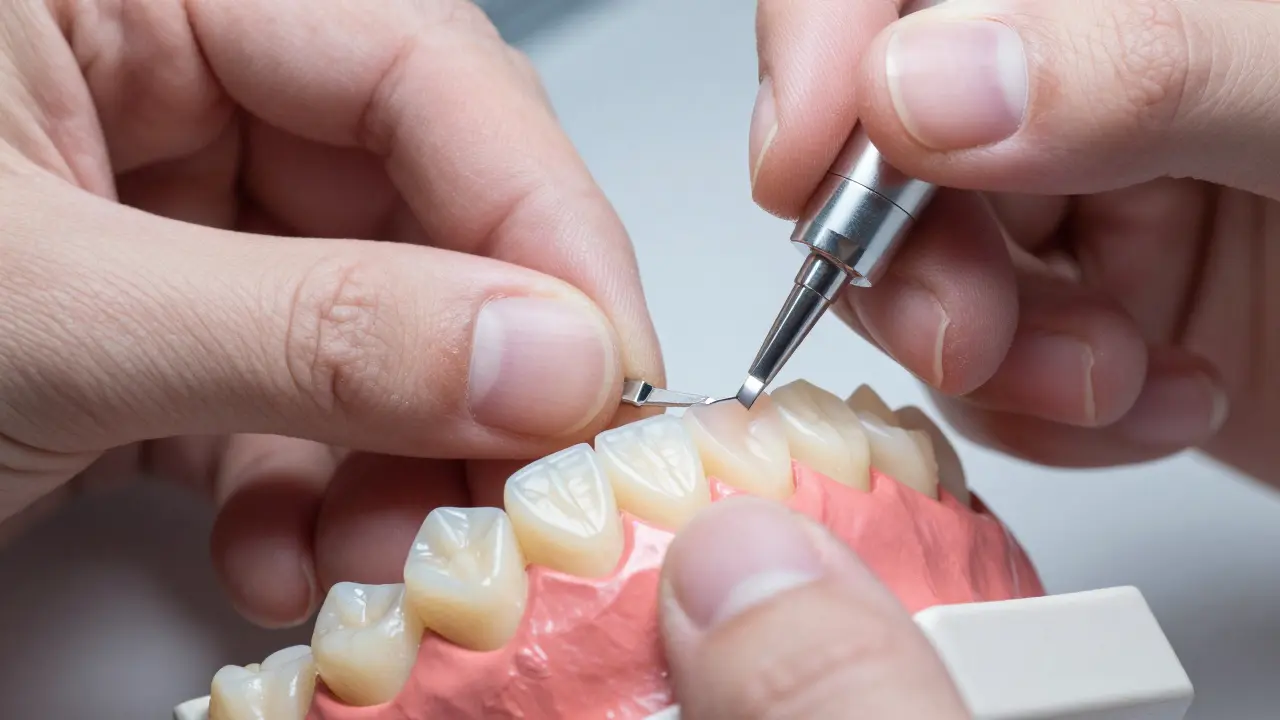 Detailní záběr na vrstvení kompozitního materiálu při tvorbě fazety