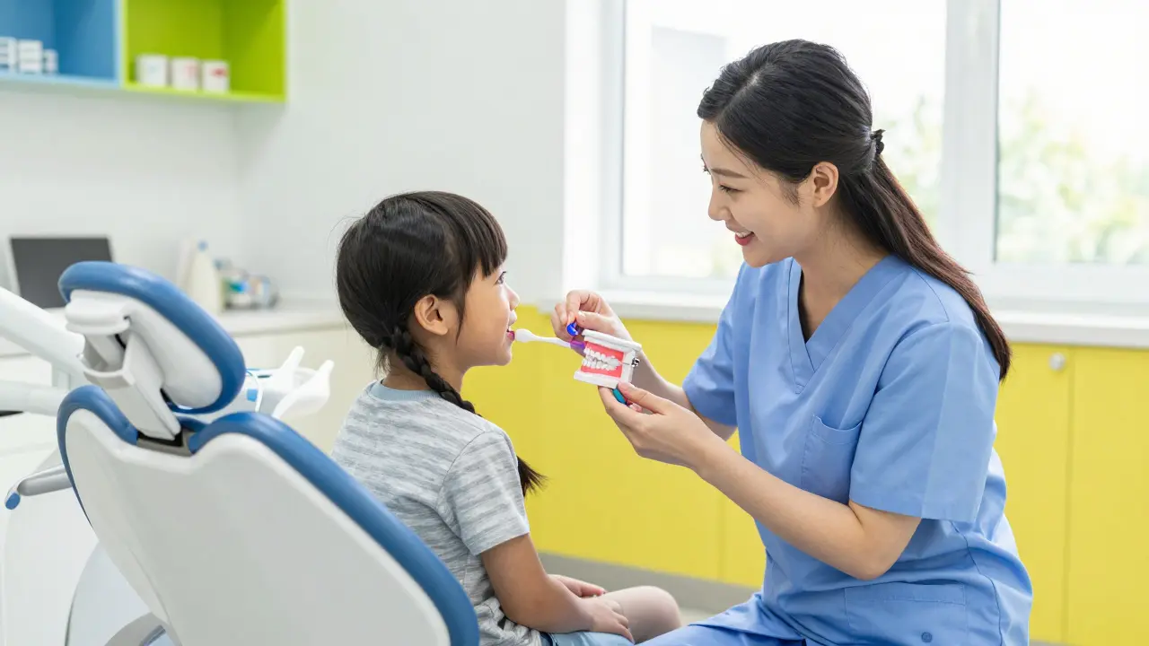 Hygienista trpělivě učí dítě správné čištění zubů