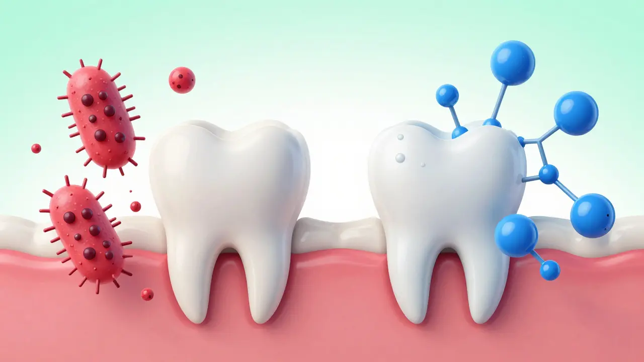 Konceptuální ilustrace boje fluoridu proti bakteriím pro posílení zubů.