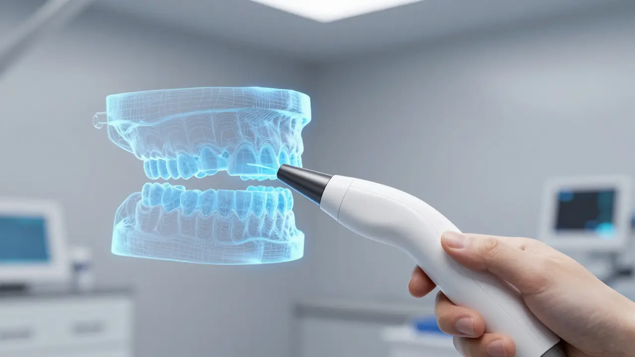 Ruční skener vytváří 3D model zubů v ordinaci