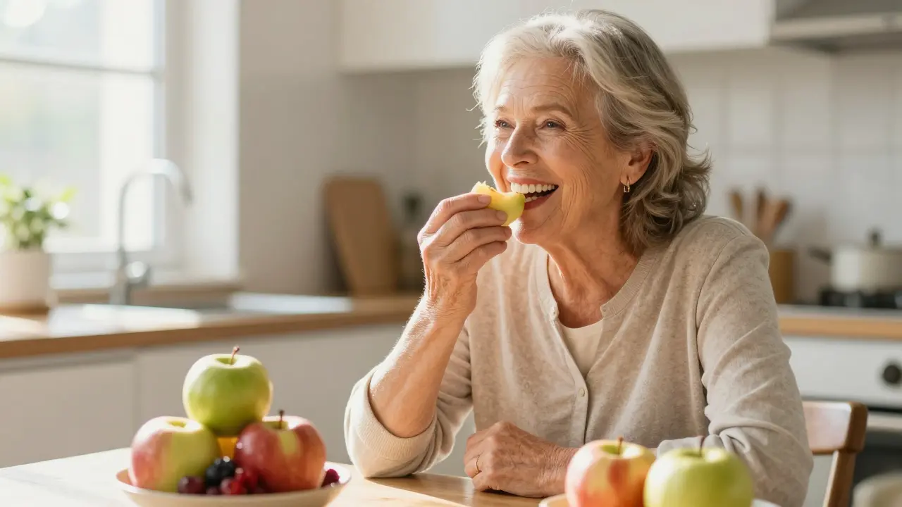 Senior osoba šťastně jí ovoce díky zdravým zubům