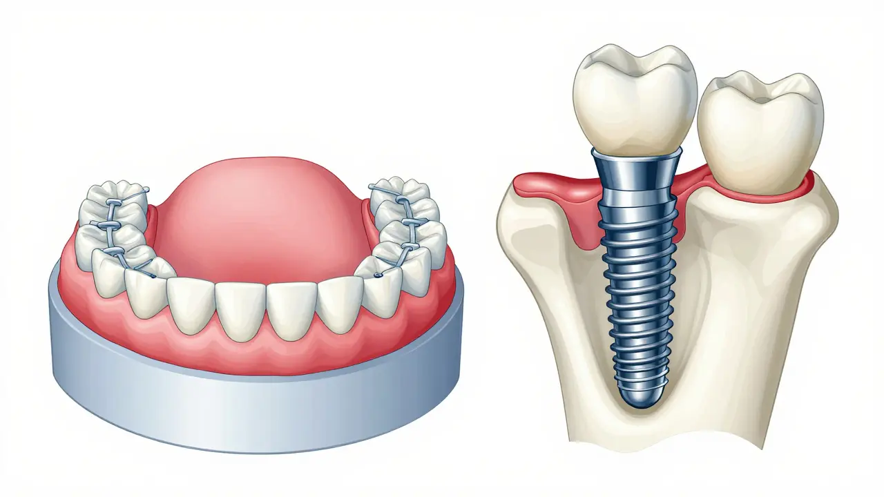 Srovnání nasazovacích zubů a stabilního zubního implantátu v kosti.