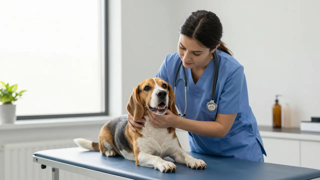 Veterinář vyšetřuje tlamu klidného psa v klinice