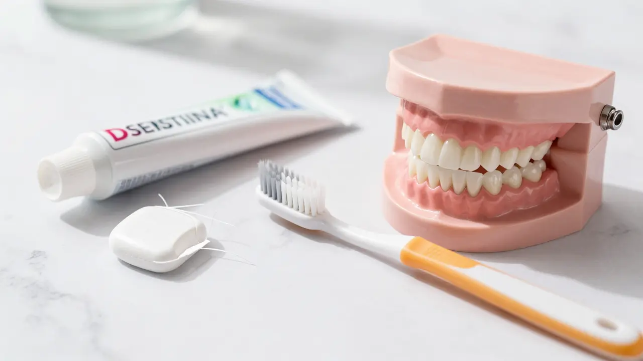 Zubní kartáček pod úhlem 45 stupňů a nit na prevenci problémů se zuby.