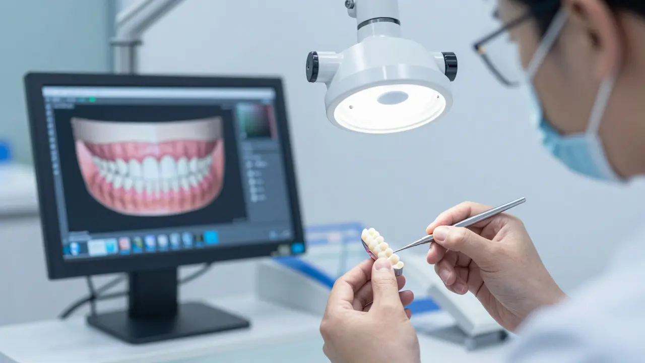 Zubní technik ručně upravuje keramickou fazetu v laboratoři