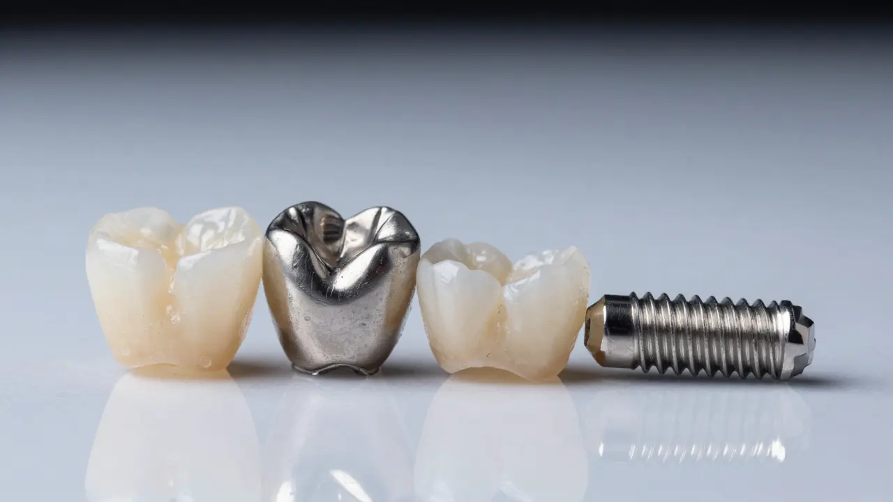 Detailní záběr na keramické korunky, vinyry a implantát