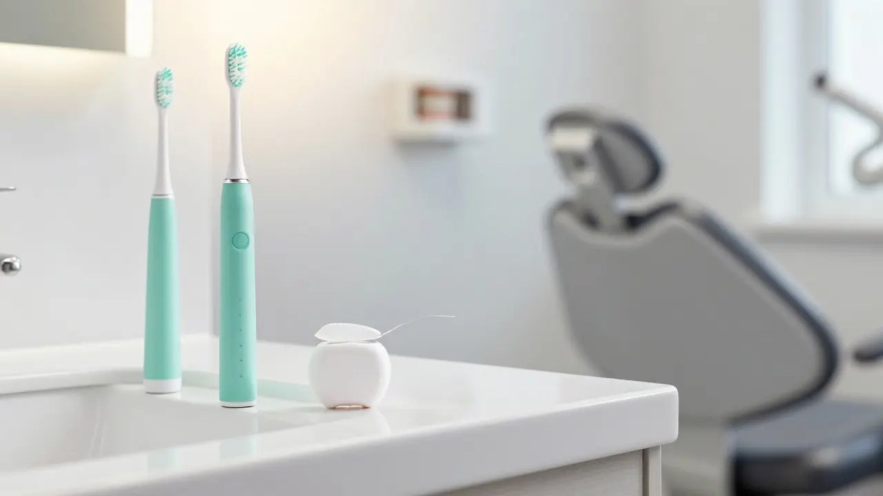 Elektrický kartáček a nit pro prevenci tvorby kamene