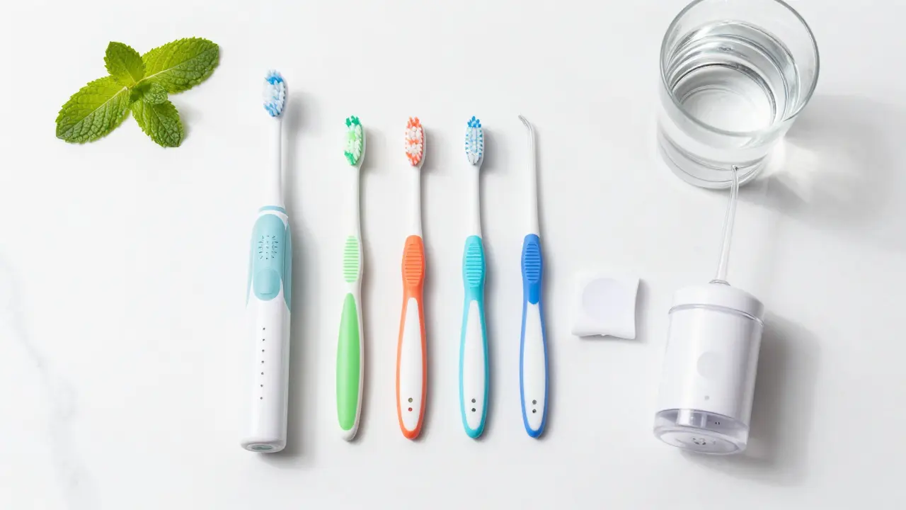 Hygienické pomůcky pro prevenci zubního kamene na stole.