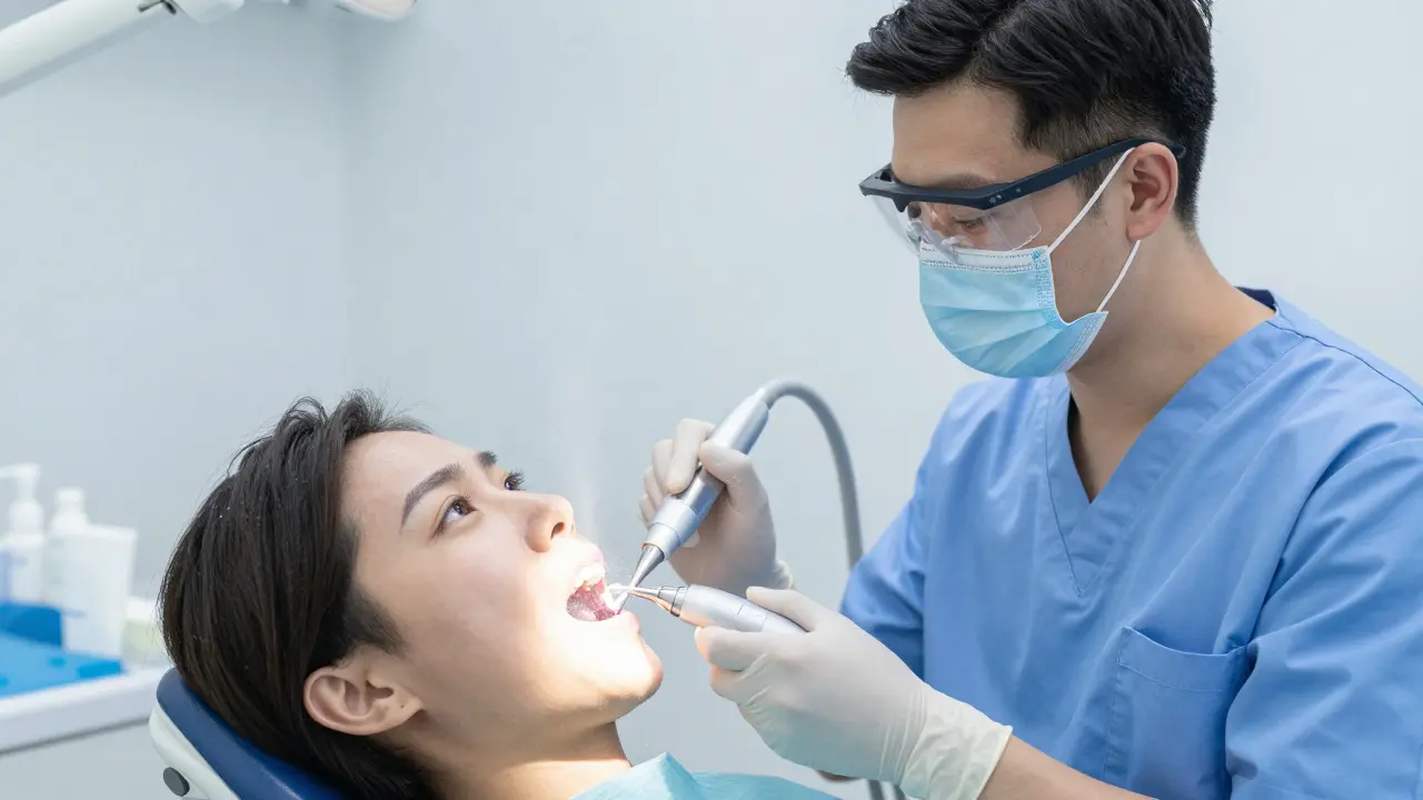 Hygienista odstraňuje zubní kámen ultrazvukovým přístrojem