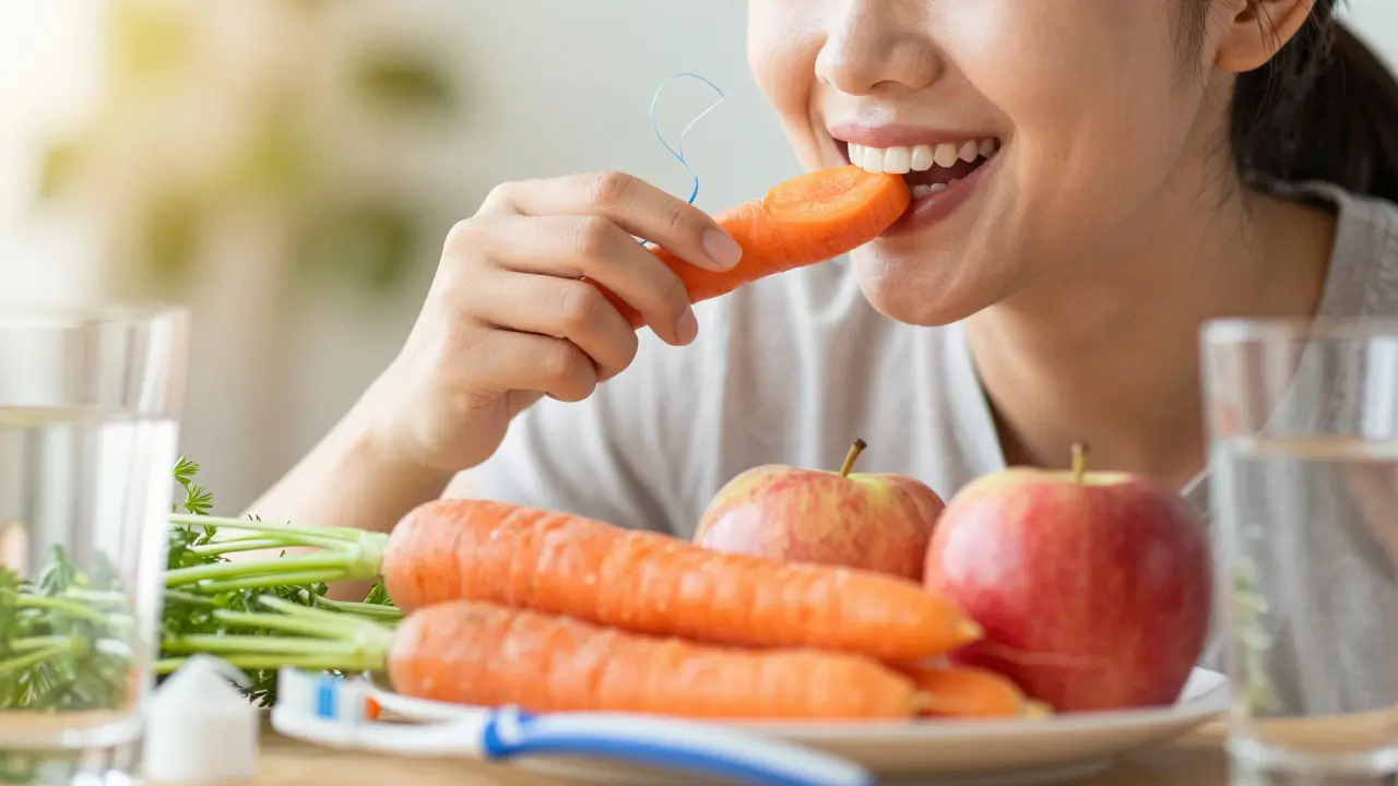 Osoba žvýkající čerstvou zeleninu vedle nástrojů pro dentální hygienu