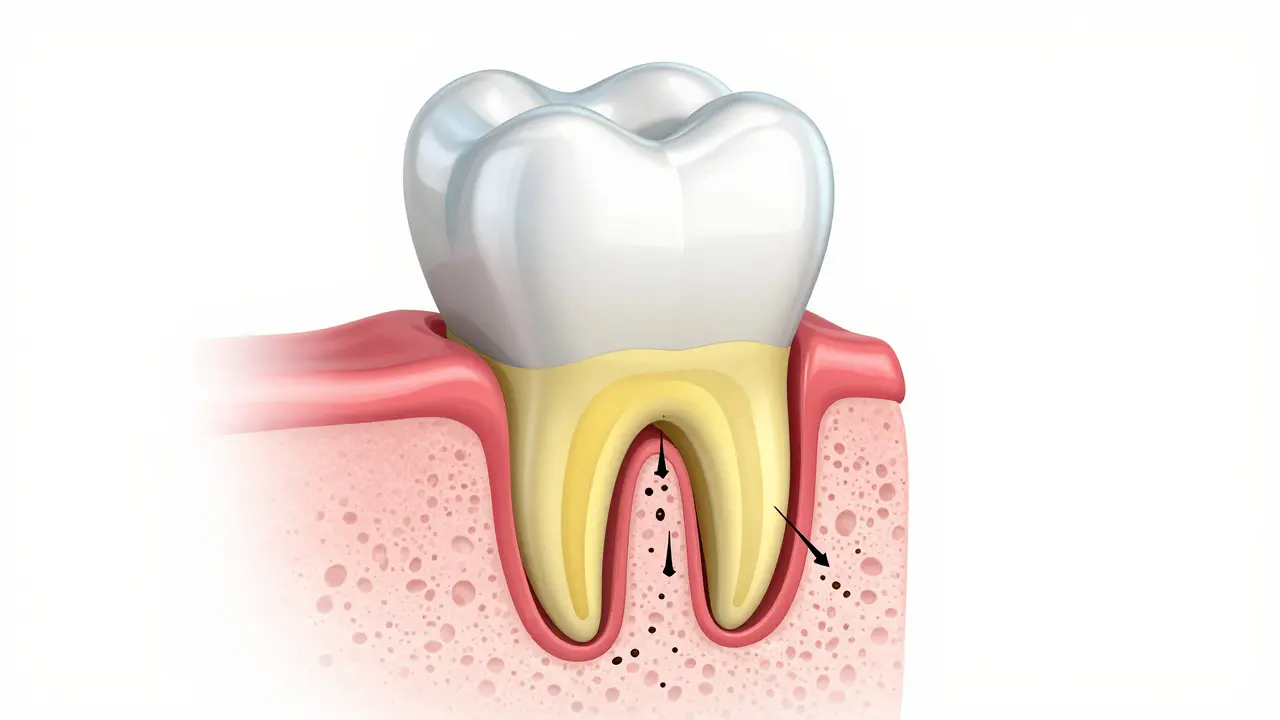 Anatomický průřez zubem ukazující erodovanou sklovinu a žlutý dentin