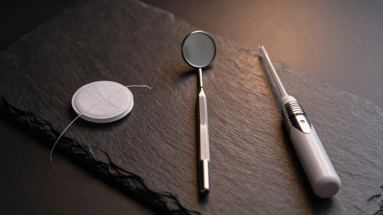 Dentální zrcátko, nit a irrigátor na kamenném povrchu