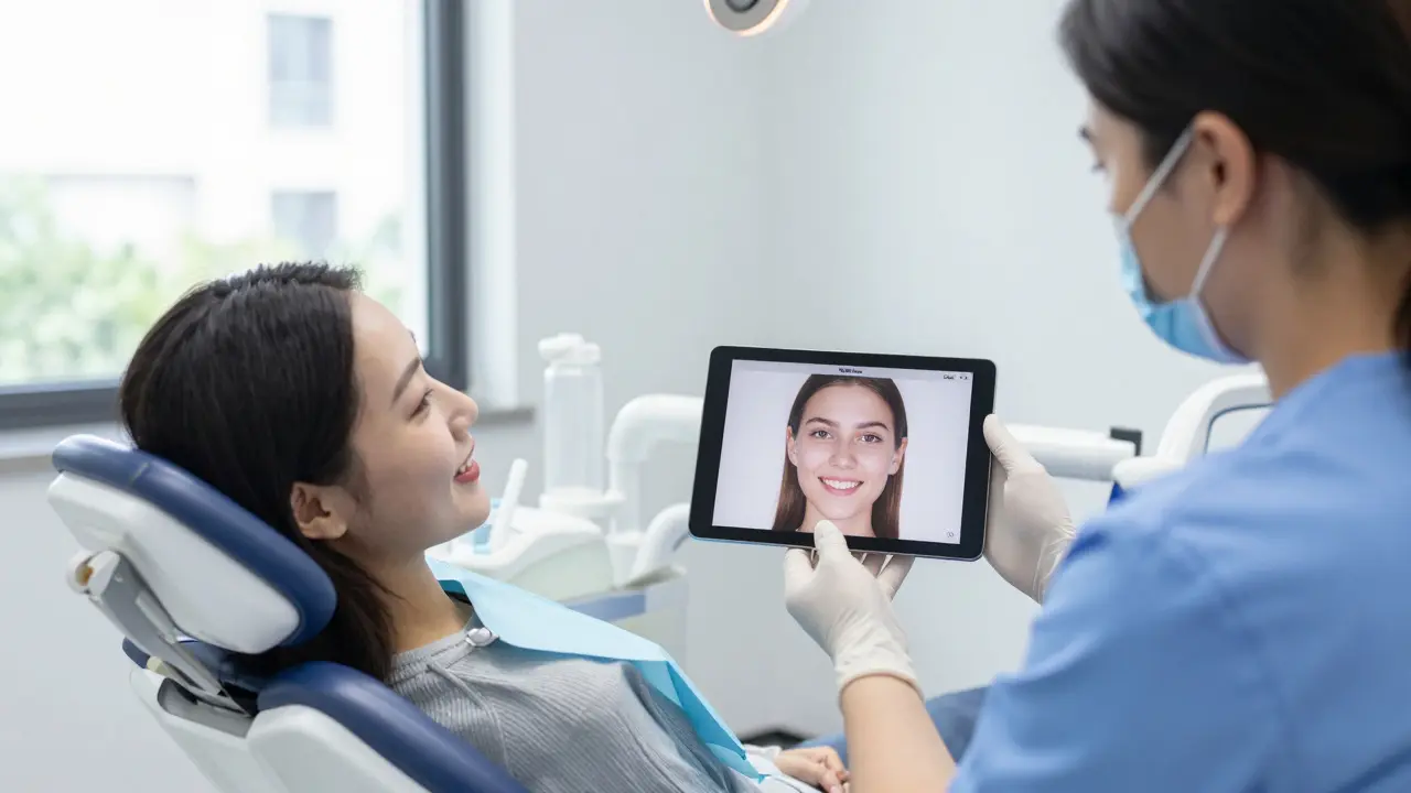 Dentista ukazuje pacientovi digitální simulaci úsměvu na tabletu