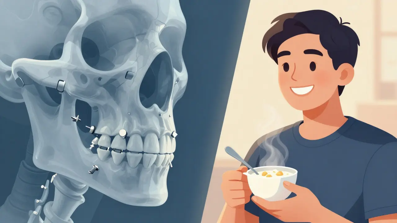 Ilustrace hojení čelisti a šťastný pacient s úsměvem