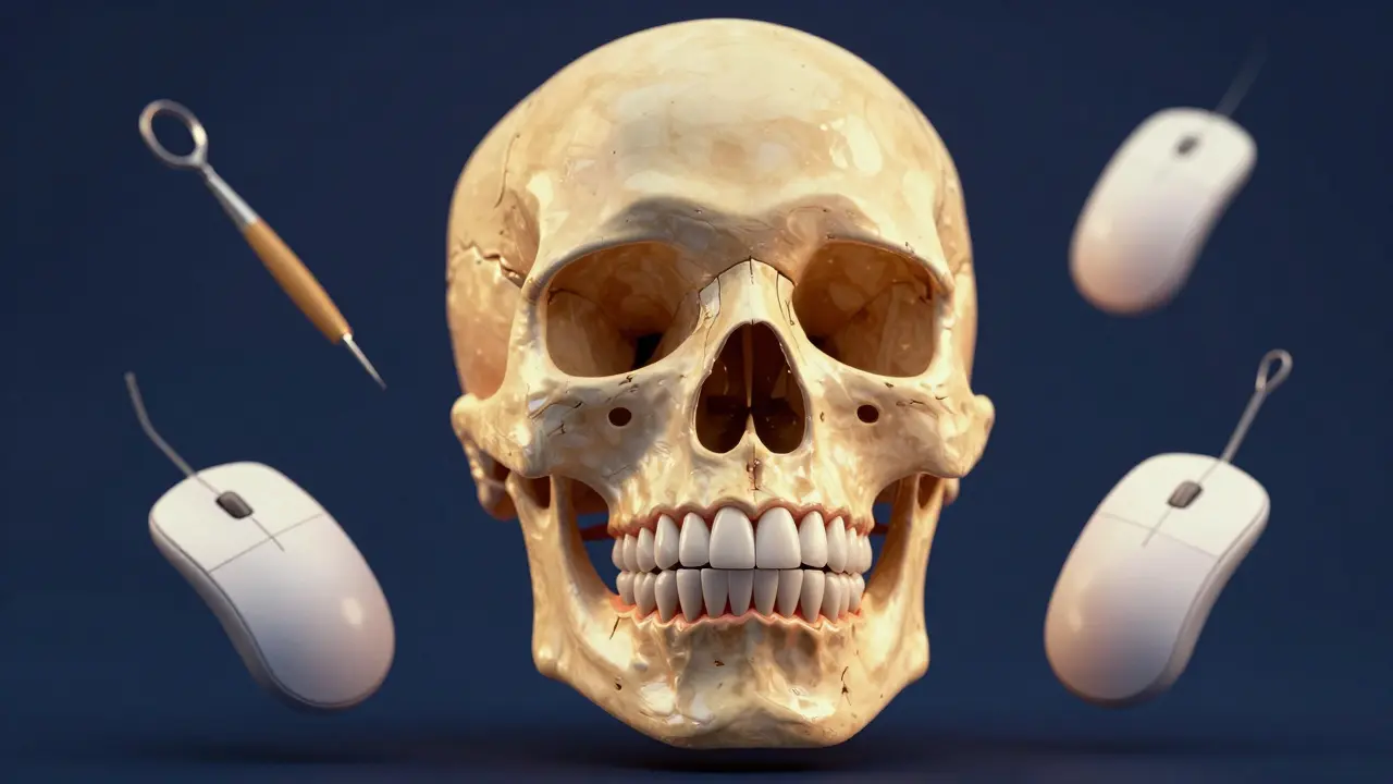 Konceptuální ilustrace spojující anatomii čelisti s výrobou zubních náhrad