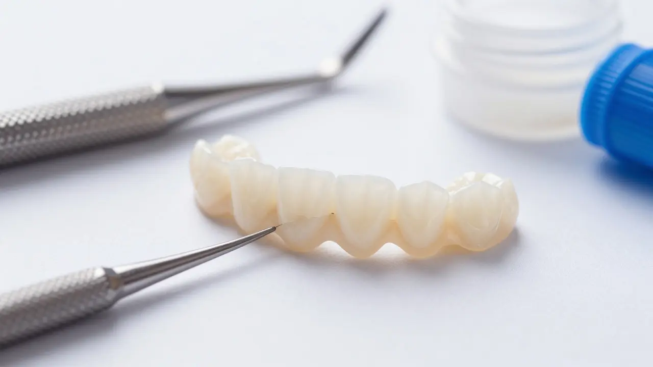Nalepovací zuby a dentální nástroje na stole