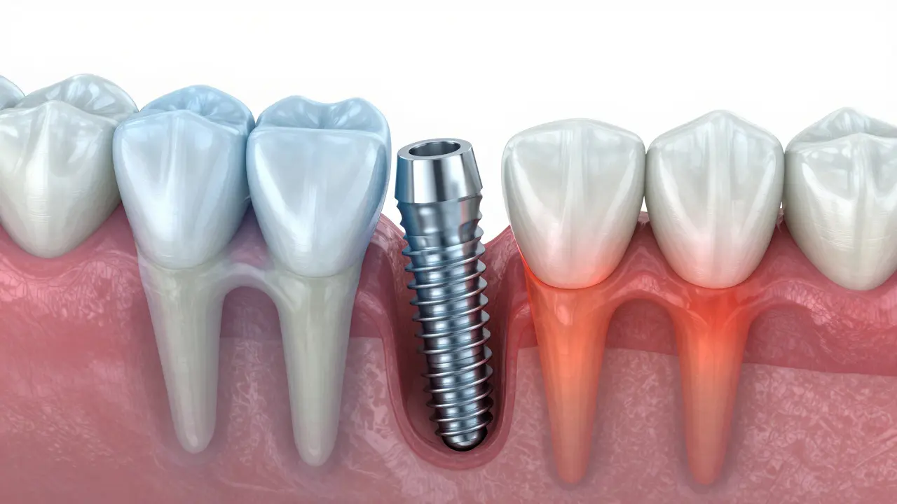 Schéma zubního implantátu a rizika peri-implantitidy