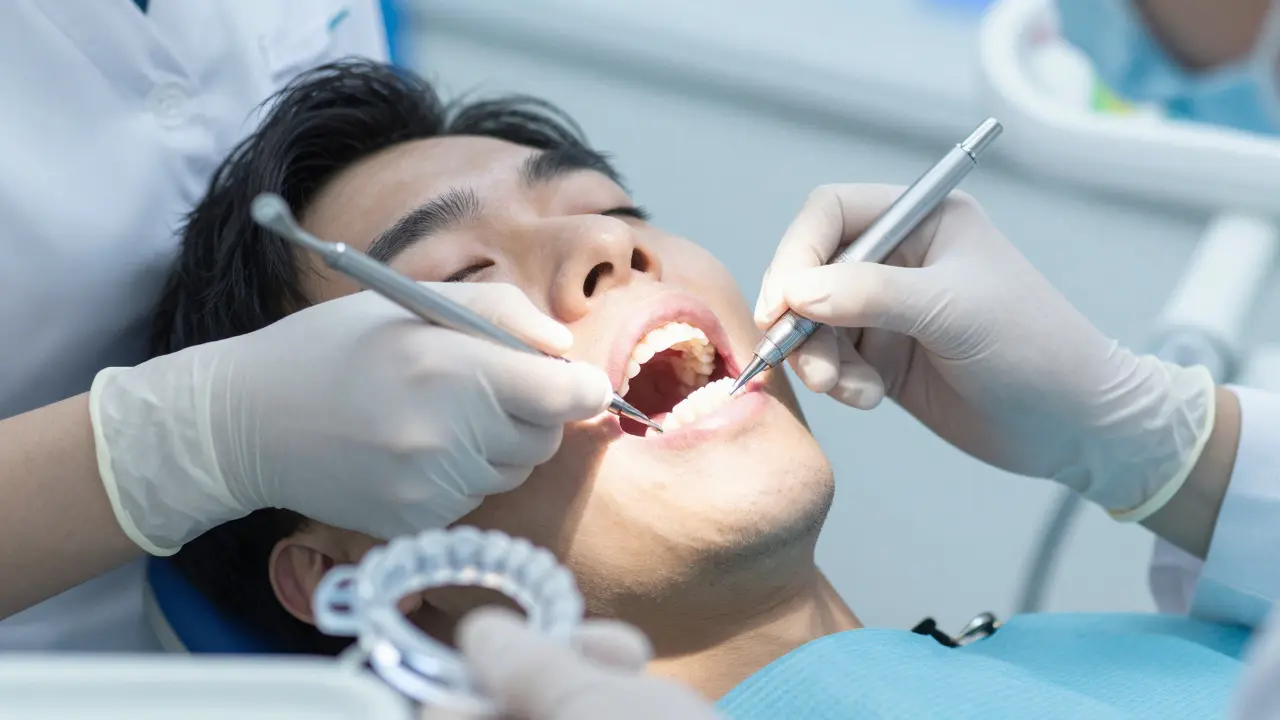 Stomatolog aplikuje fluoridový lak na zuby pacienta