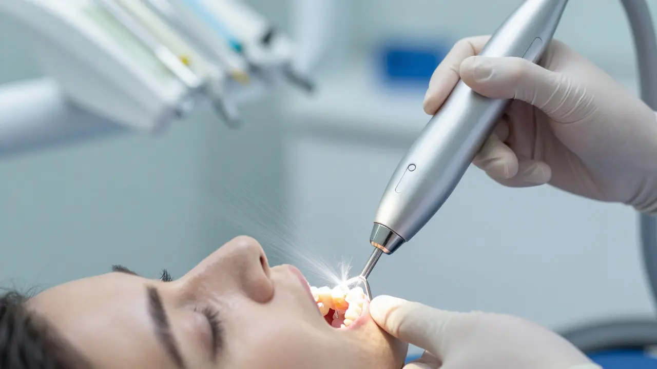Zubní hygienista čistí zuby ultrazvukovým škrabkou