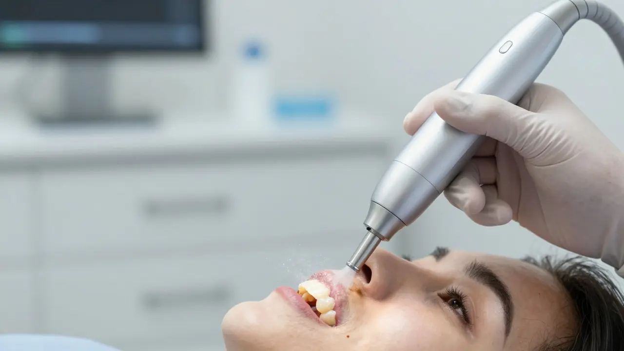 Zubní hygienista používá přístroj Airflow k jemnému čištění zubů