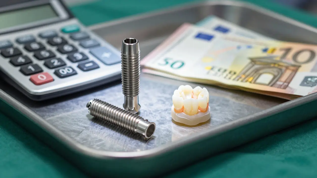 Zubní implantát a peníze na chirurgickém tácu