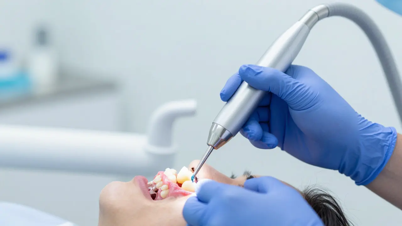 Dentální hygienik používá ultrazvukový nástroj k čištění zubů
