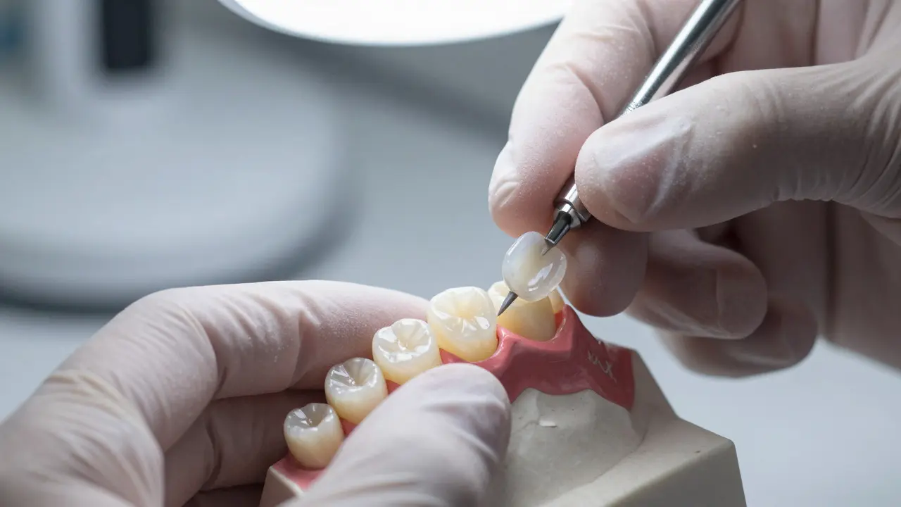 Detailní záběr na keramickou fazetu během přesného nasazení v laboratoři