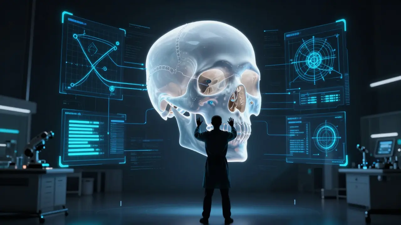 Digitální ilustrace 3D modelu lebky s holografickými daty pro chirurgické plánování