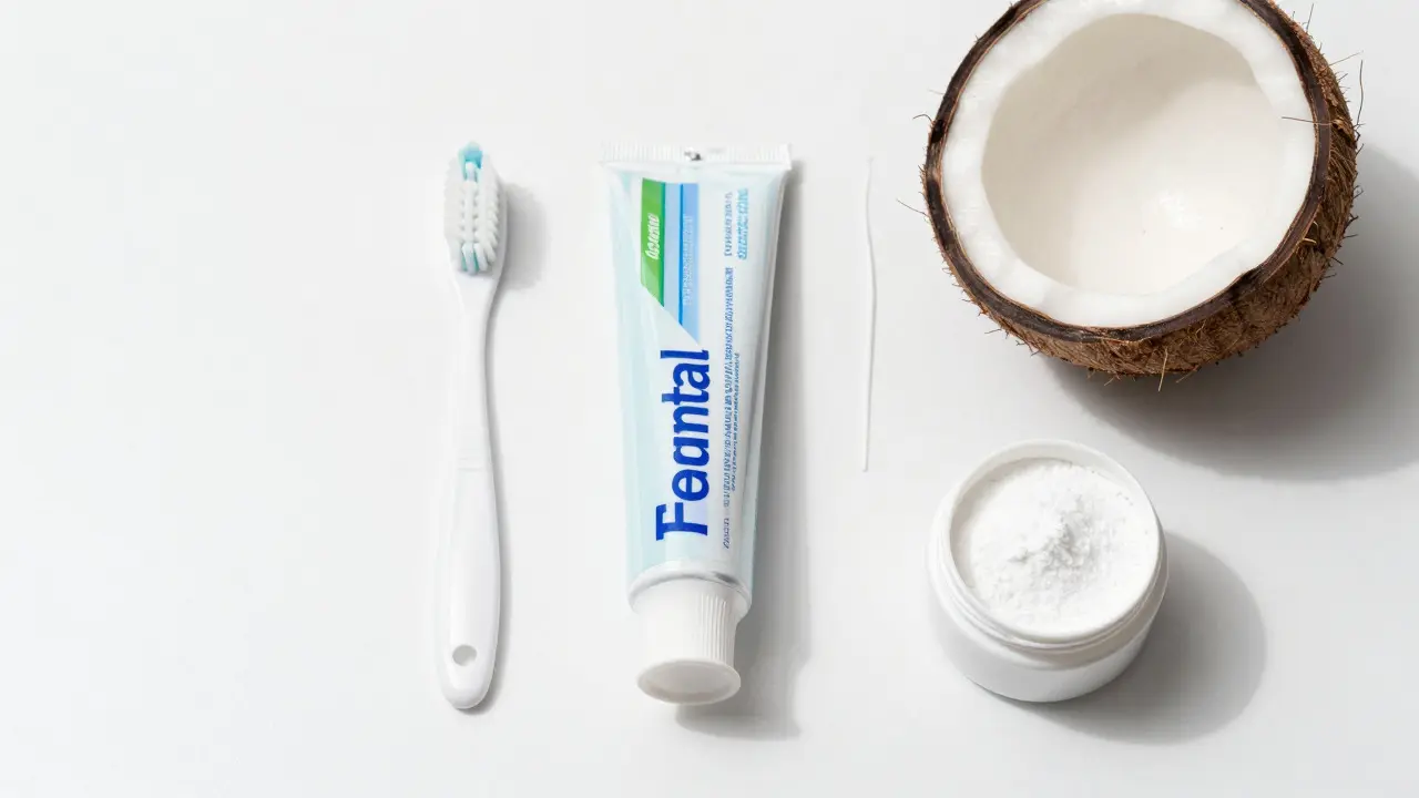 Hygienické potřeby: zubní pasta, nit a bikarbona na bílém povrchu