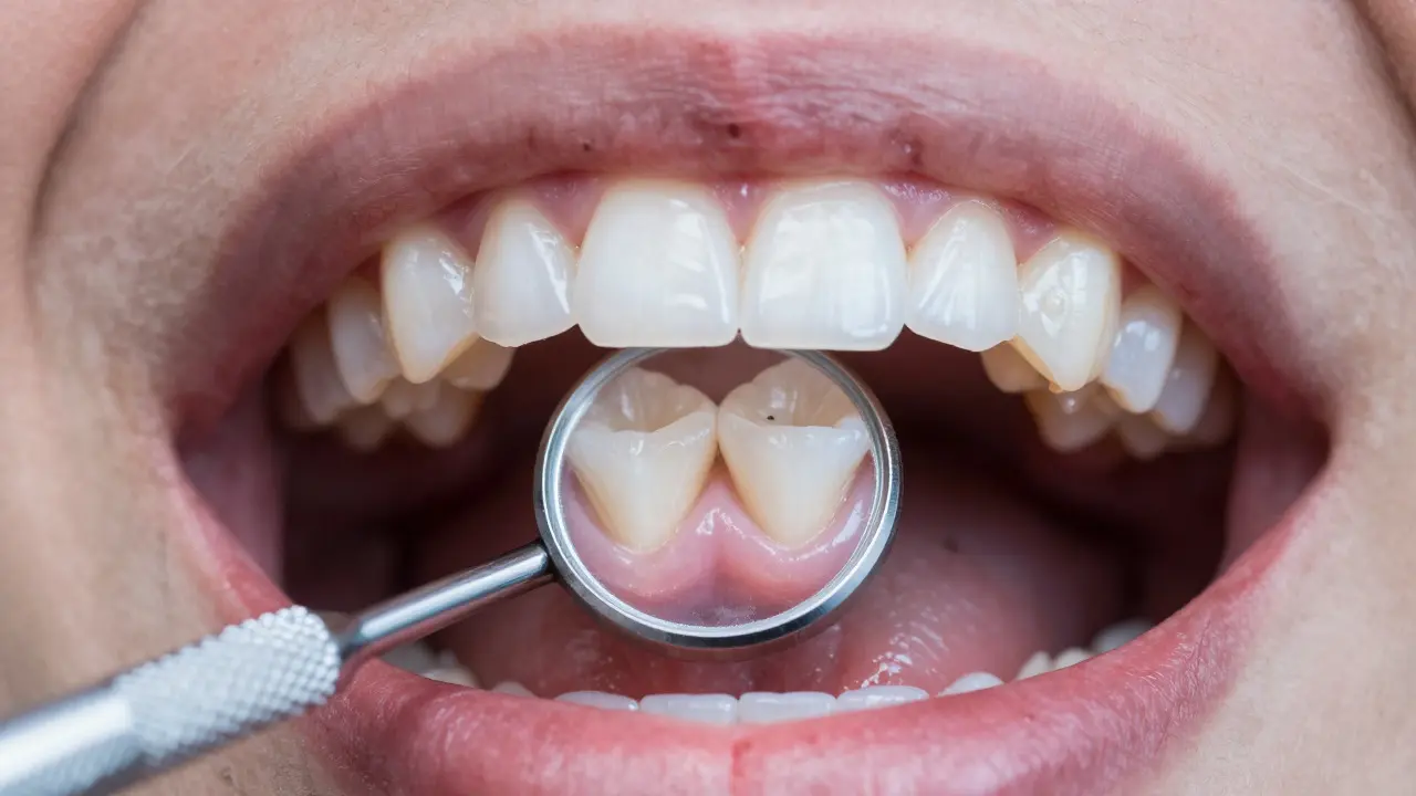 Makro záběr na zadní molary viditelné v odrazu dentálního zrcátka
