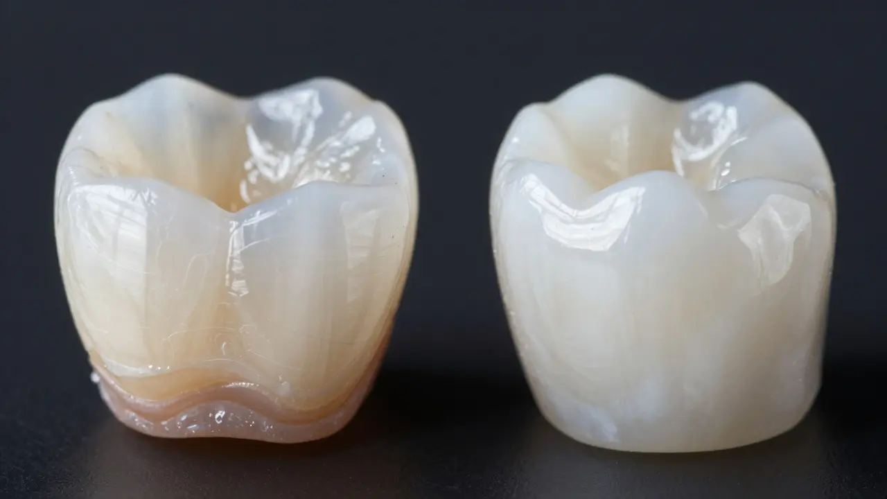 Makro záběr porovnávající průsvitnost keramických materiálů E.max a cirkonu pro zubní fazety.
