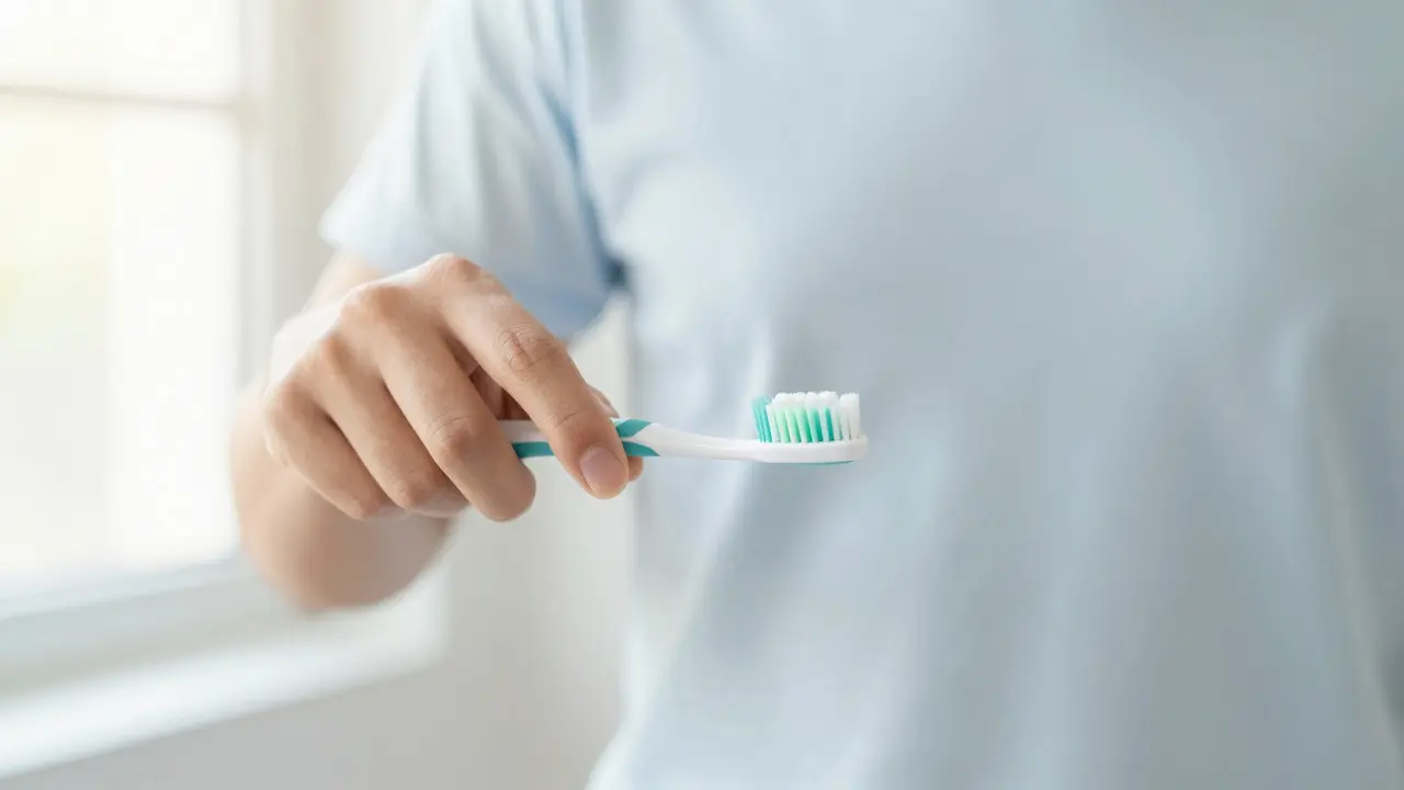 Osoba kartáčí zuby a používá mezizubní kartáčky pro prevenci