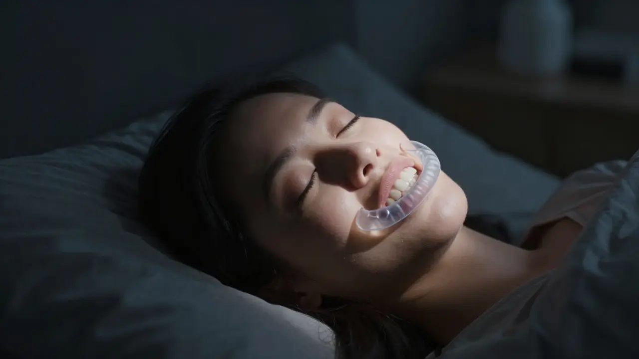 Person sleeping with a clear silicone night guard protecting their teeth