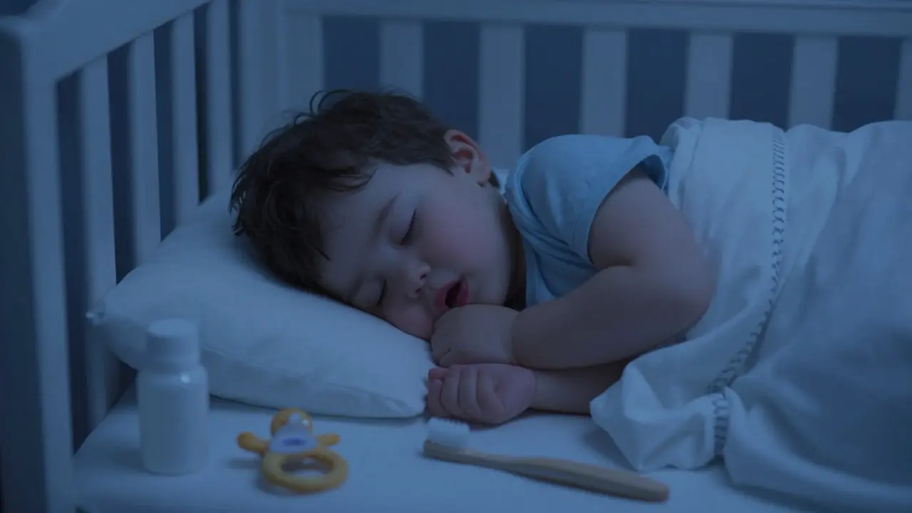 Spící dítě v postýlce s symboly úlevy od bolesti zubů