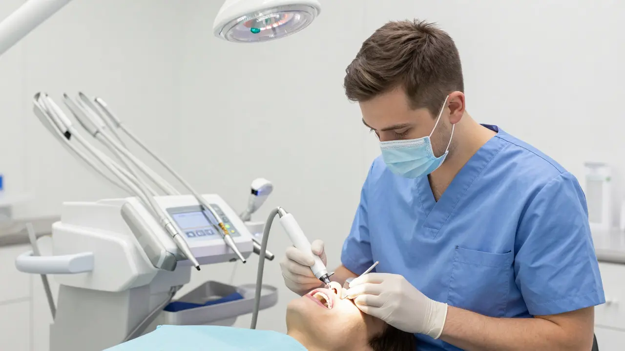 Zubní lékař používá moderní skener v prémiové klinice v Praze