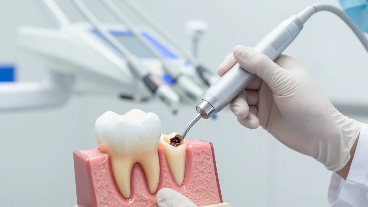 Zubní lékař používá ultrazvukový skalpel k čištění zubu