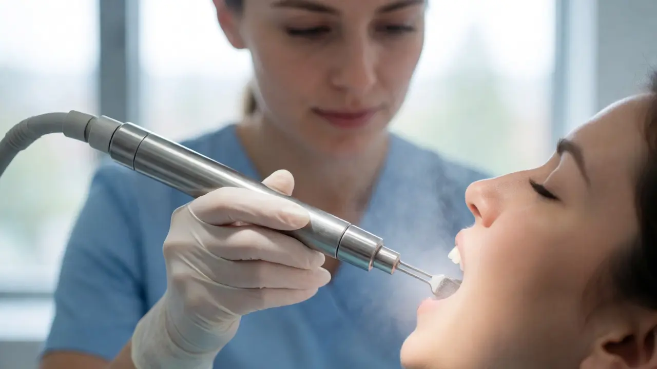 Dentální hygienistka čistí zuby přístrojem Air-Flow