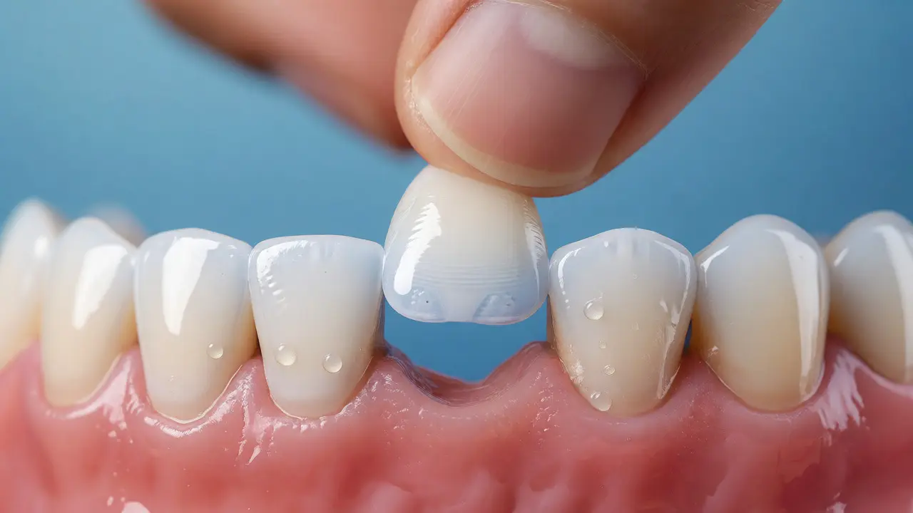 Detailní záběr na nasazování kompozitní facety na zub s důrazem na přesnost a suchý povrch.