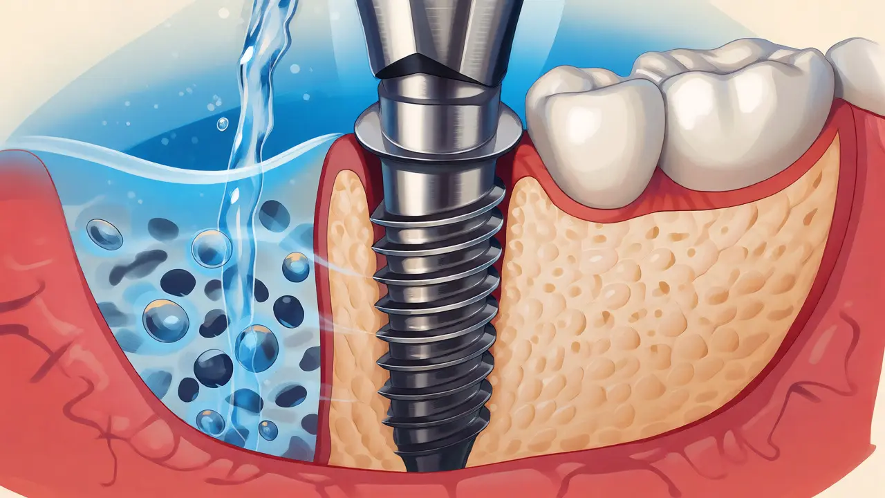 Ilustrace srůstání titanového implantátu s čelistní kostí