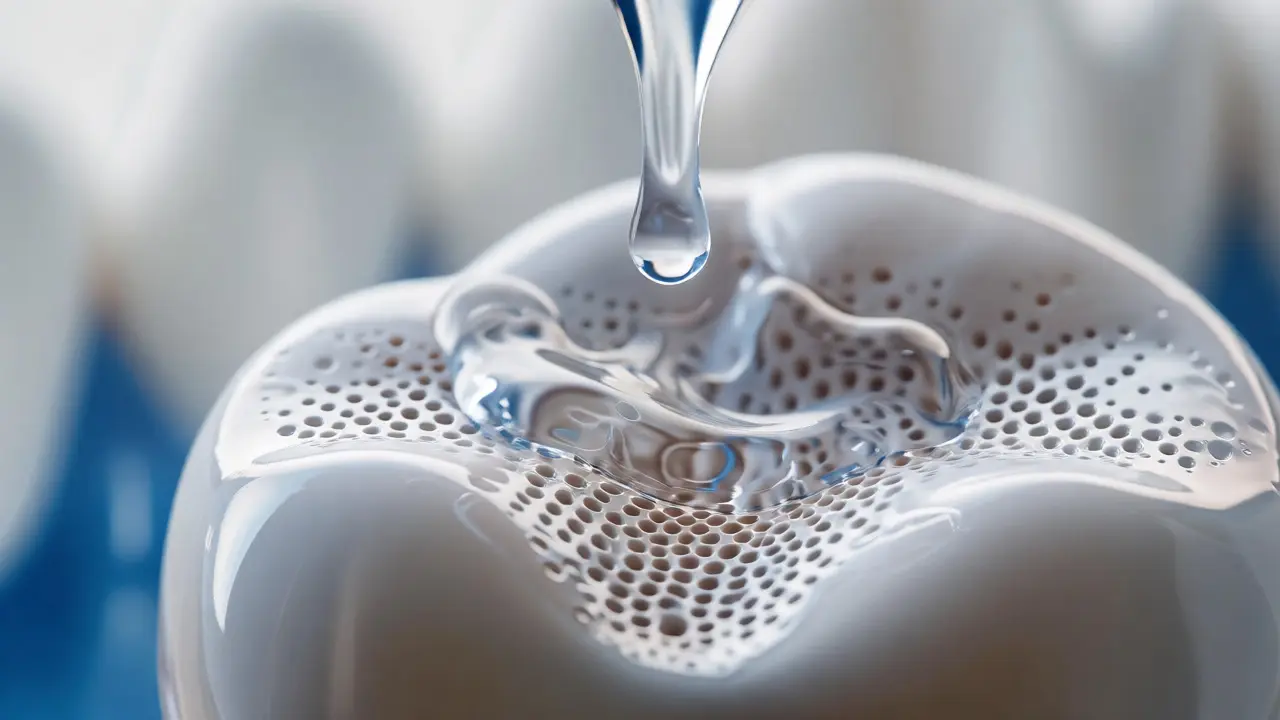 Makro pohled na fluoridový lak pronikající do skloviny zubu