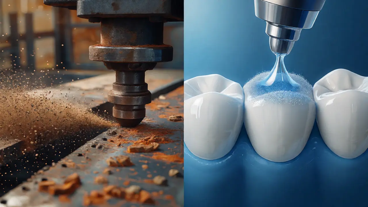 Porovnání hrubého průmyslového pískování kovů s jemným dentálním čištěním zubů.