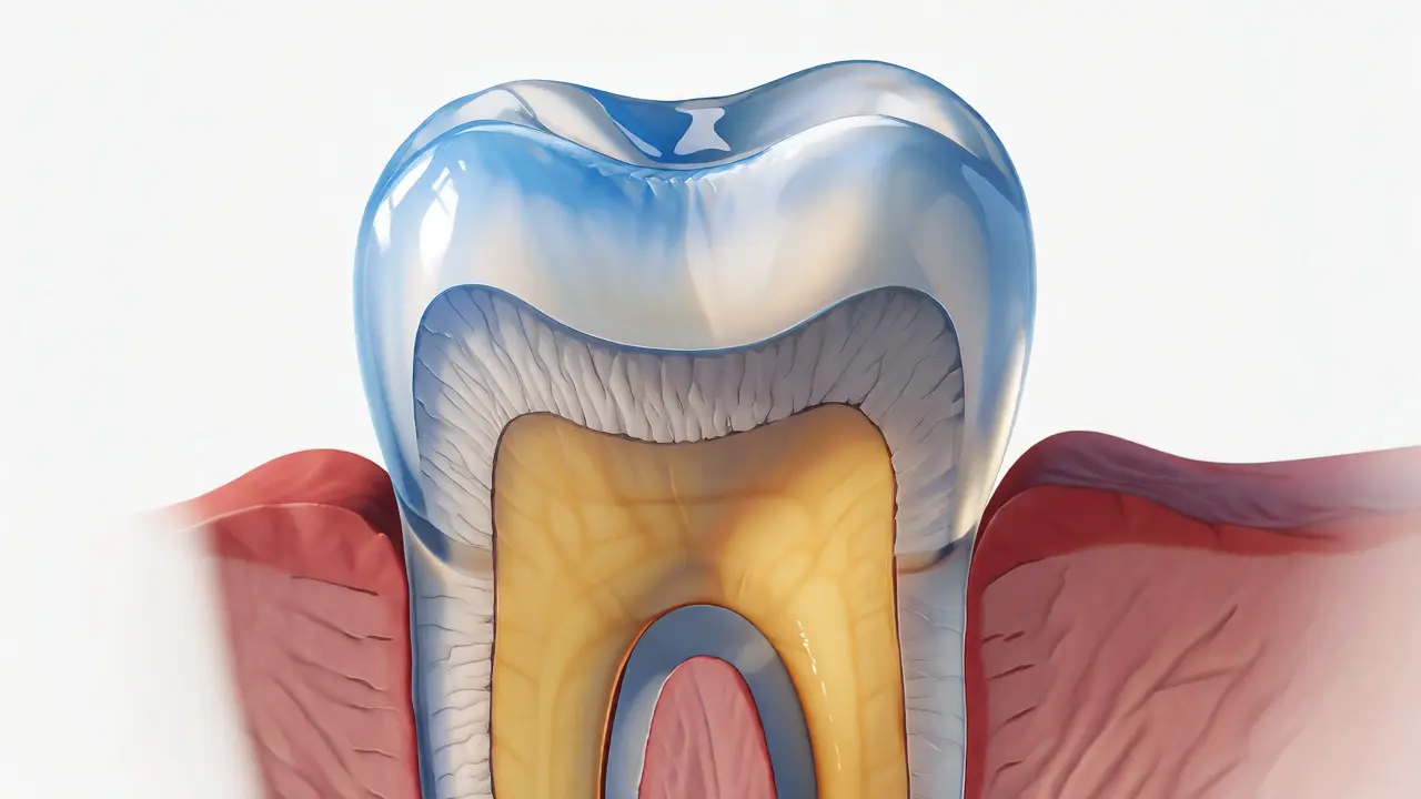 Průřez zubem ukazující tenčící se sklovinu a žlutý dentin