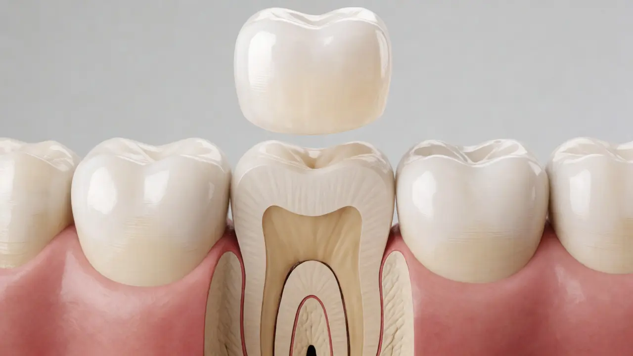 Řez zubem po endodoncii s připravenou keramickou korunkou